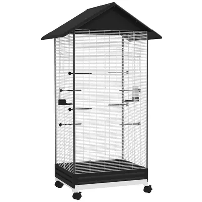 PawHut Colivie pentru Păsări, Volieră cu Tavă Detașabilă, Roți Pivotante și Hrănitoare, 79x65x155 cm, Negru | Aosom Romania