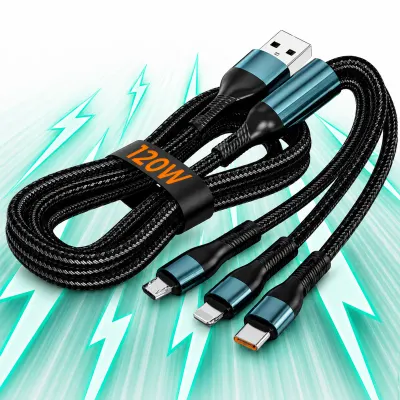 Cablu de date si incarcare Rapida Timebox, 3 in 1, 120W, Nailon, USB, Albastru - Default Title
