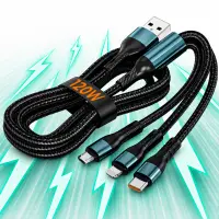 Cablu de date si incarcare Rapida Timebox, 3 in 1, 120W, Nailon, USB, Albastru - Default Title
