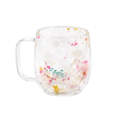 Cană cu inserție de flori uscate, hortensie alba și floarea miresei multicolor, pereți dubli, sticlă borosilicată, 250 ml, Aurora Bloom