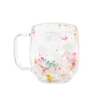 Cană cu inserție de flori uscate, hortensie alba și floarea miresei multicolor, pereți dubli, sticlă borosilicată, 250 ml, Aurora Bloom
