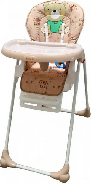 Scaun de masa pentru copii si bebe Baby Care CC Ursulet Crem reglabil in 3 trepte, Pliabil, Centura de siguranta, Sezut confortabil, Masuta detasabila, Pozitie somn, Cosulet de depozitare