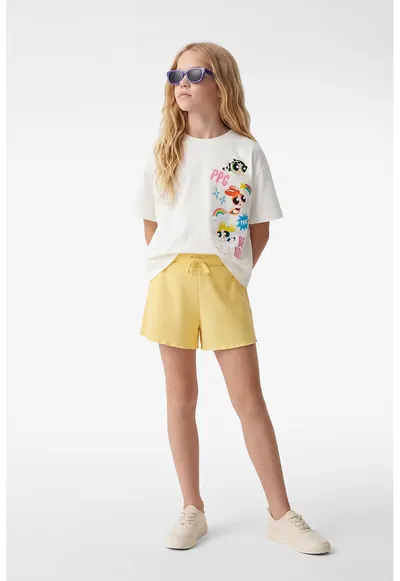 Tricou de bumbac cu imprimeu Powerpuff Girls - Alb murdar