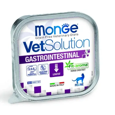 MONGE VETSOLUTION Gastrointestinal, Ficat și Porc, dietă veterinară, tăviță hrană umedă fără cereale pisici, sistem digestiv, (pate), 100g