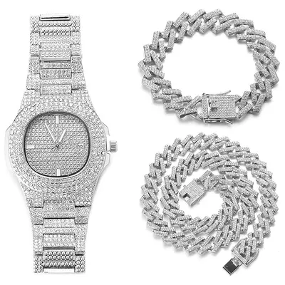 Set Cadou 3 Bijuterii Cubaneze Miami, Barbati, Cristale Zirconiu, Stainless-steel, Argintiu Engros