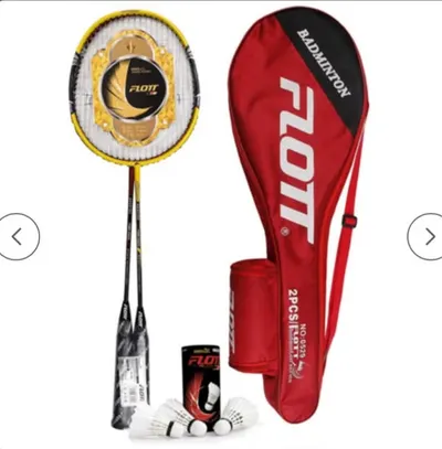 Set badminton FLOTT cu 2 palete, 3 fluturasi din pene si husa impermeabila, galben/negru si rosu/negru