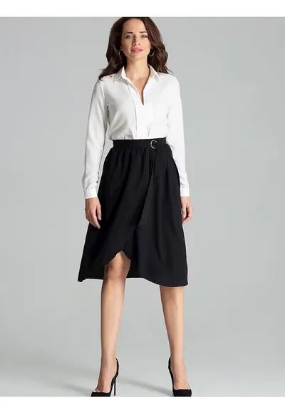 Fusta midi neagra - talie plisata - fermoar lateral ascuns - curea cu catarama aurie - poliester - Negru
