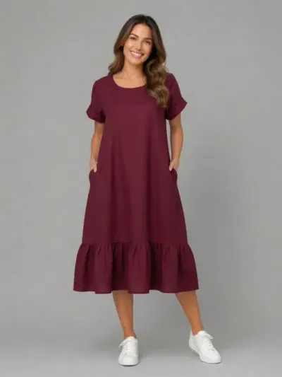 Rochie midi din in cu funda pe spate si volan amplu din batist, bordo