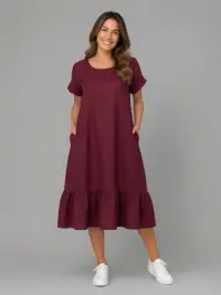 Rochie midi din in cu funda pe spate si volan amplu din batist, bordo