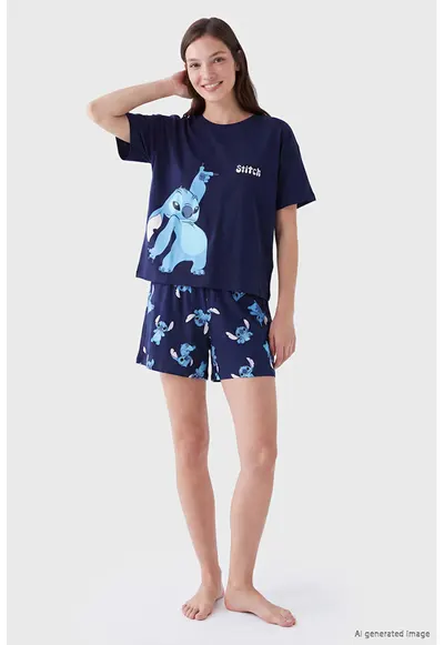 Pijama cu pantaloni scurti si model Stitch - Albastru azur/Bleumarin