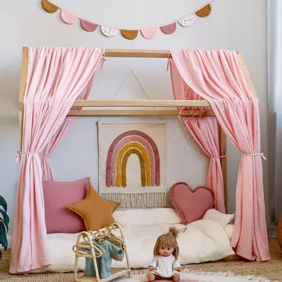 Set 2 baldachine muselina pentru pat tip casuta, Little Amy, Roz, 2x300 cm pentru pat 80x160 cm