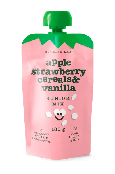 Piure pasteurizat din fructe cu mere capsuni si adaos de cereale vanilie si vitamina C Junior Mix, 180g, Nutrino Lab