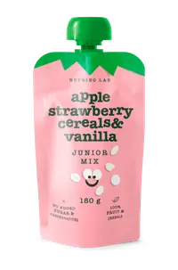 Piure pasteurizat din fructe cu mere capsuni si adaos de cereale vanilie si vitamina C Junior Mix, 180g, Nutrino Lab