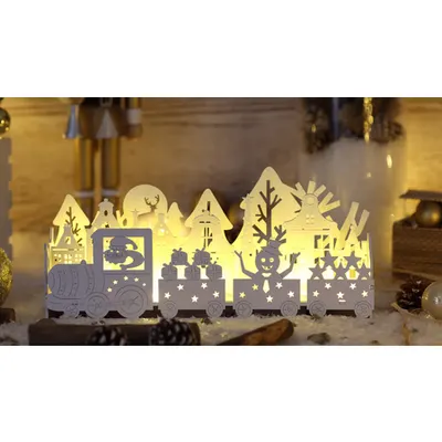 Tren de Craciun cu LED, culoare alba,din lemn, cu bat. Timer 6+18h,10LED, 3000K, 3xAA