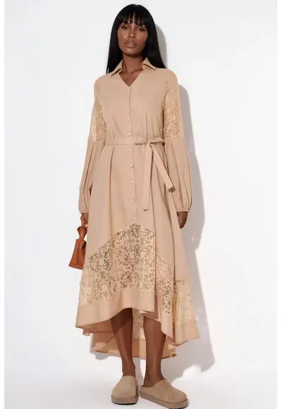 Rochie midi - brodata - natural - poplin cu elasticitate
