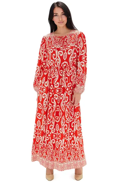 Rochie maxi dama - HiCCUP - cu imprimeu - inchidere cu snur - viscoza - rosu/bej