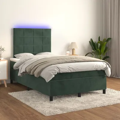 Gossi pat cu arcuri, saltea si led, verde inchis, 120x200 cm, catifea