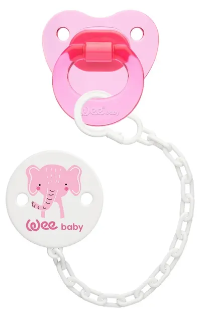 Suzetă din silicon cu lanț Wee Baby - roz, peste 18 luni
