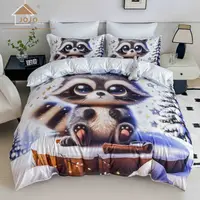 Lenjerie de Pat Bumbac Finet 5D 4 Piese cu Elastic 140x200 , Snowy Raccoon