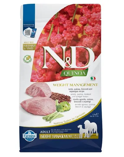 FARMINA N&D Quinoa Dog Adult medium maxi Weight management lamb, broccoli 2,5 kg hrana caini talie medie si mare pentru controlul greutatii, cu miel si brocoli