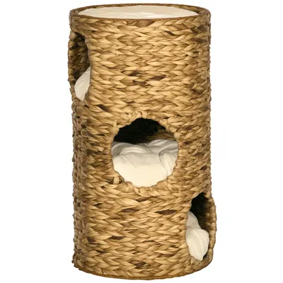PawHut Loc de retragere pentru pisici cu 3 niveluri, 3 intrări, design boho, inclusiv pernă, 40 cm x 40 cm x 73 cm, maro deschis + crem | Aosom Romania