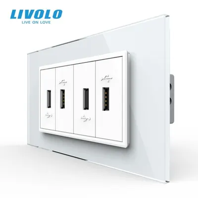 Priza cvadrupla USB, 4M, cu rama sticla Alb