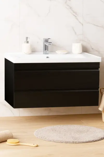 Set Baza front MDF si Lavoar seria 786, suspendata, cu sertare, montata, 100 cm, negru