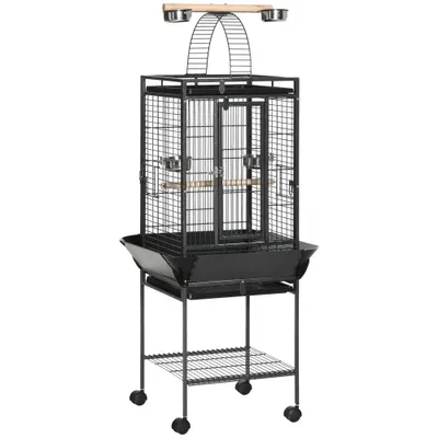 PawHut Colivie pentru Perusi cu 2 Stinghii de Lemn si Scara Acuita, Cusca pentru Pasari din Otel cu Intrari Multiple, 62.5x62.5x156 cm, Gri