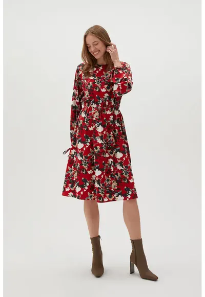 Rochie rosie cu flori si maneci bufante - Negru