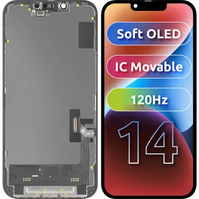 Display cu Touchscreen MP compatibil cu Apple iPhone 14, cu Rama, Versiune Soft OLED FHD 120Hz IC Movable, Negru