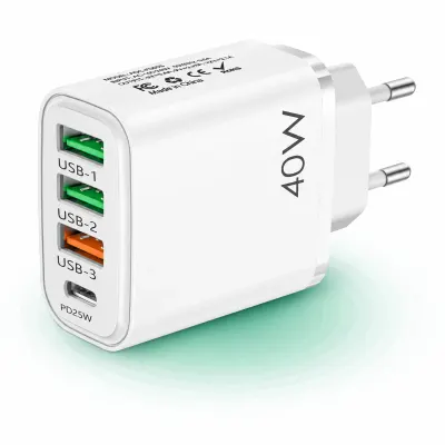 Incarcator Retea Timebox, 4 Porturi, 40W, 1 x Type-C, 3 x USB, Alb - Default Title