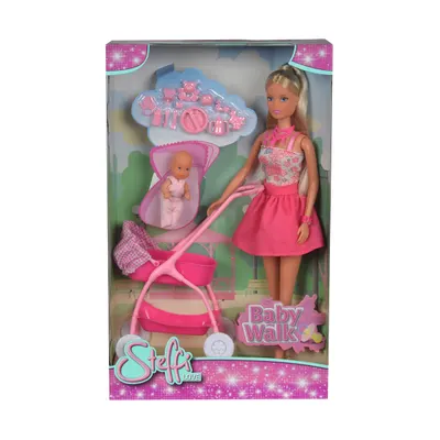 Papusa Steffi Love cu bebe in carucior roz