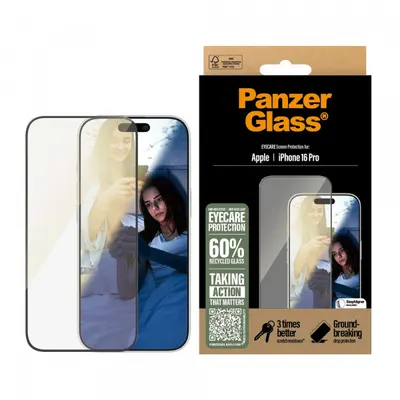 Folie de protectie Ecran PanzerGlass Ultra-Wide Fit EyeCare pentru Apple iPhone 16 Pro, Sticla Securizata, Full Glue, Neagra