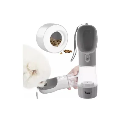 Sticla portabila pentru caini, 3 in 1, buton blocare, plastic, 27x7x7cm, alb