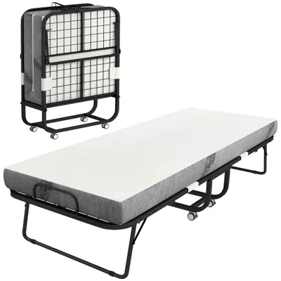 HOMCOM Pat pliant 1 persoană 200 x 80 cm cu saltea, pat de rezervă pliant și portabil pe roți, cadru din oțel, alb | Aosom Romania