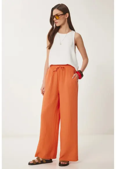 Pantaloni dama - Happiness Istanbul - picior larg - portocaliu - 100% bumbac