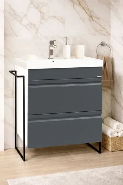 Set Baza front MDF si Lavoar seria 786, cadru metalic, cu sertare, 60 cm, antracit