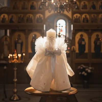 Lumanare de botez alba imbracata in satin si dantela