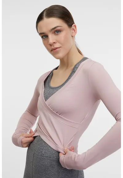 Bluza crop cu croiala petrecuta pentru fitness - Roz pastel