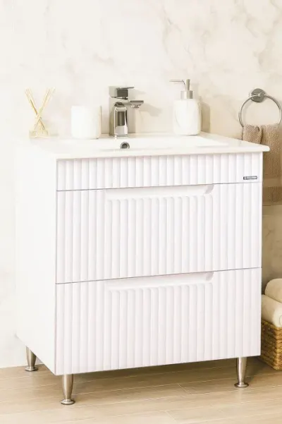 Set Baza front MDF si Lavoar seria 033, cu sertare, montat, 70 cm, alb rustic