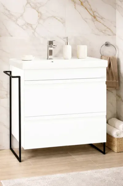 Set Baza front MDF si Lavoar seria 786, cadru metalic, cu sertare, montata, 70 cm, alb