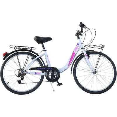 Bicicleta Dino Bikes City Summertime alb 26 inch, de la 11 ani, inaltime de peste 145 cm, frana de mana pe roata fataspate, portbagaj fataspate, transmisie Shimano cu 6 viteze, claxon si cric