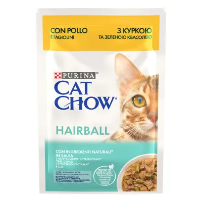 Hrana umeda pentru pisici Cat Chow Hairball, Pui si Fasole Verde, 85g 85g