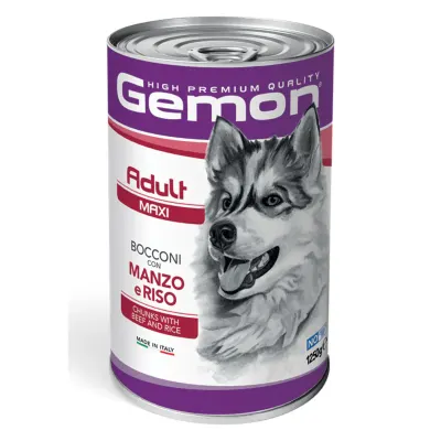 GEMON Maxi Adult, L-XL, Vită și Orez, conservă hrană umedă câini, (în aspic), 1250g