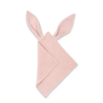 Jucarie textila senzoriala, Qmini, Cu urechi fosnitoare, 30 x 30 cm, Din muselina dubla, Powder Pink