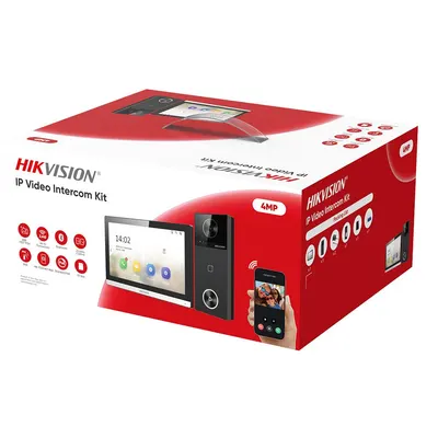 Kit videointerfon IP WiFi 6 Hikvision DS-KIS610-P, 4 MP, Mifare 13.56 MHz, 2.4 GHz, IR 3 m, Bluetooth, 1 familie, slot card, microfon si difuzor, aparent, 2000 utilizatori, PoE