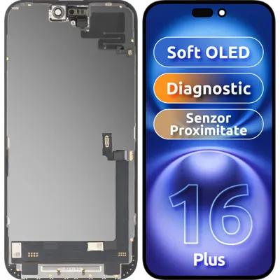 Display cu Touchscreen si Senzor Proximitate MP compatibil cu Apple iPhone 16 Plus, cu Rama, Versiune Soft OLED FHD Diagnostic, Negru