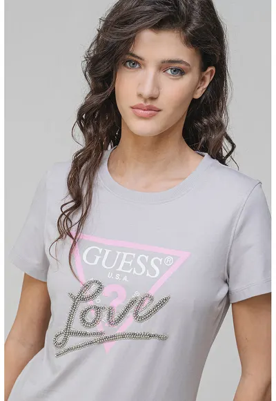 Tricou de bumbac cu strasuri - Gri deschis/Roz/Argintiu