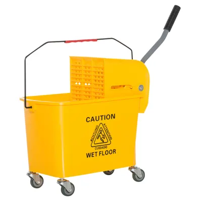 HOMCOM Cărucior Găleată cu Separator de Apă și Storcător Detașabil din PP, 63x27x67 cm, Galben | Aosom Romania