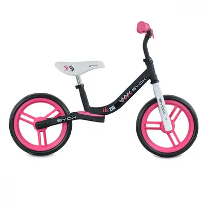 Bicicleta copii fara pedale Byox Zig-Zag Pink 12 inch, roti din cauciuc EVA, scaun ajustabil pe inaltime de la 36 cm pana la 45 cm, de la 2 ani pana la greutatea maxima admisa de 20 kg